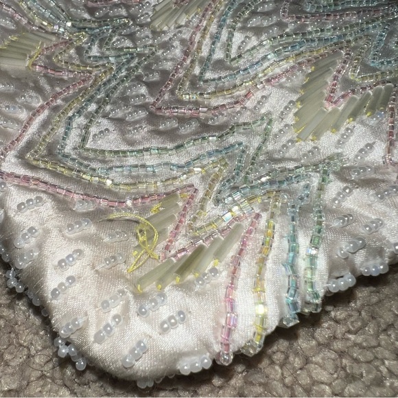 Vintage Mini Beaded Bag Cream with Pastel Beads Satin Lined 8”x5” - Picture 7 of 8
